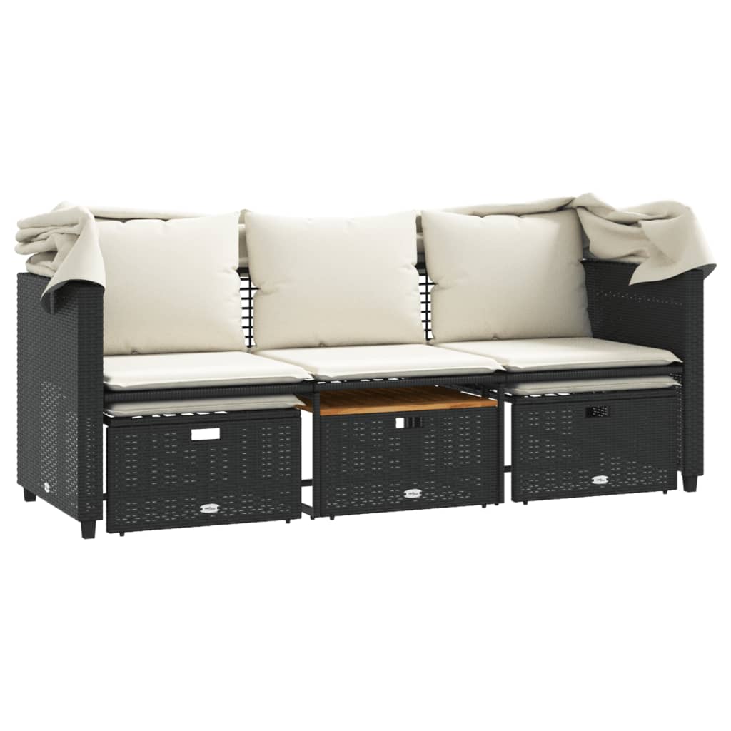 Divano Giardino 3 Posti Baldacchino e Sgabelli Nero Polyrattan | homemem39
