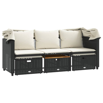 Divano Giardino 3 Posti Baldacchino e Sgabelli Nero Polyrattan | homemem39