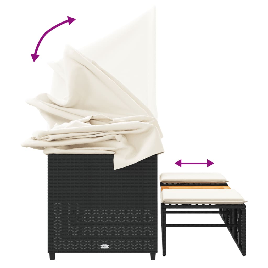 Divano Giardino 3 Posti Baldacchino e Sgabelli Nero Polyrattan | homemem39