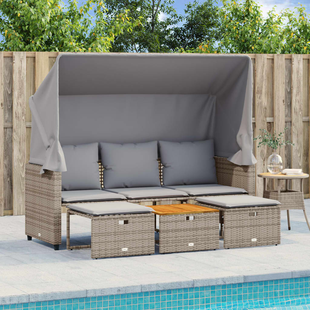 Divano Giardino 3 Posti con Tetto e Sgabelli Grigio Polyrattan | homemem39