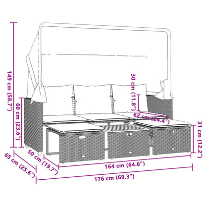 Divano Giardino 3 Posti con Tetto e Sgabelli Grigio Polyrattan | homemem39
