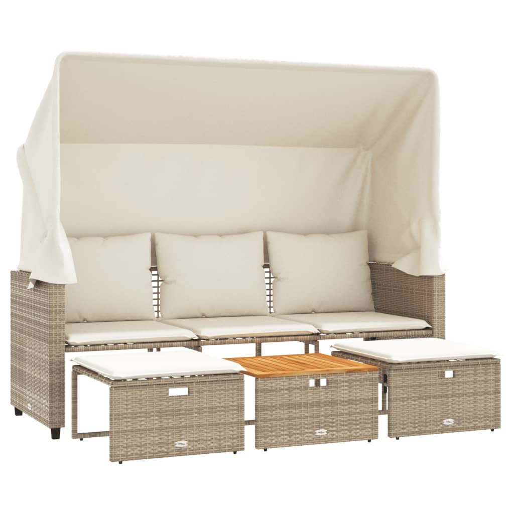 Divano Giardino 3 Posti Baldacchino e Sgabelli Beige Polyrattan | homemem39