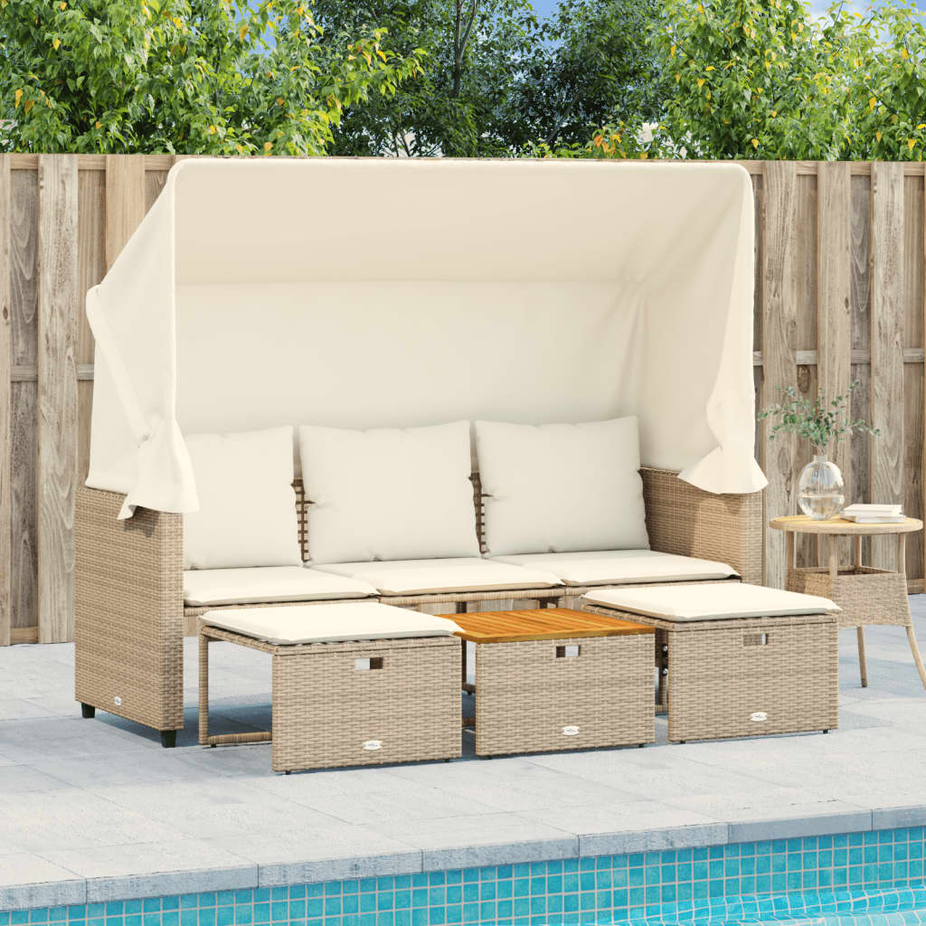 Divano Giardino 3 Posti Baldacchino e Sgabelli Beige Polyrattan | homemem39