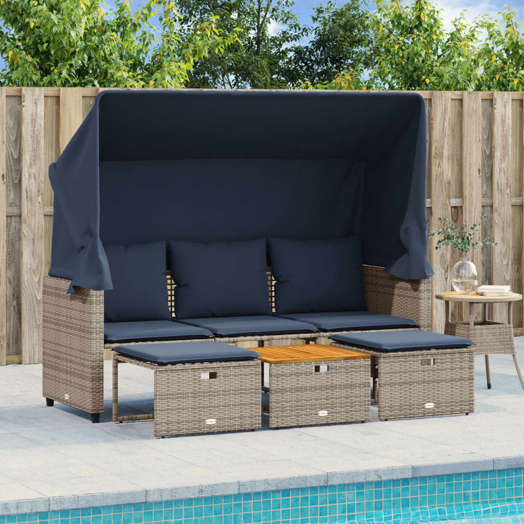 Divano da giardino a 3 posti con baldacchino e sgabelli in Polyrattan Grigio | homemem39