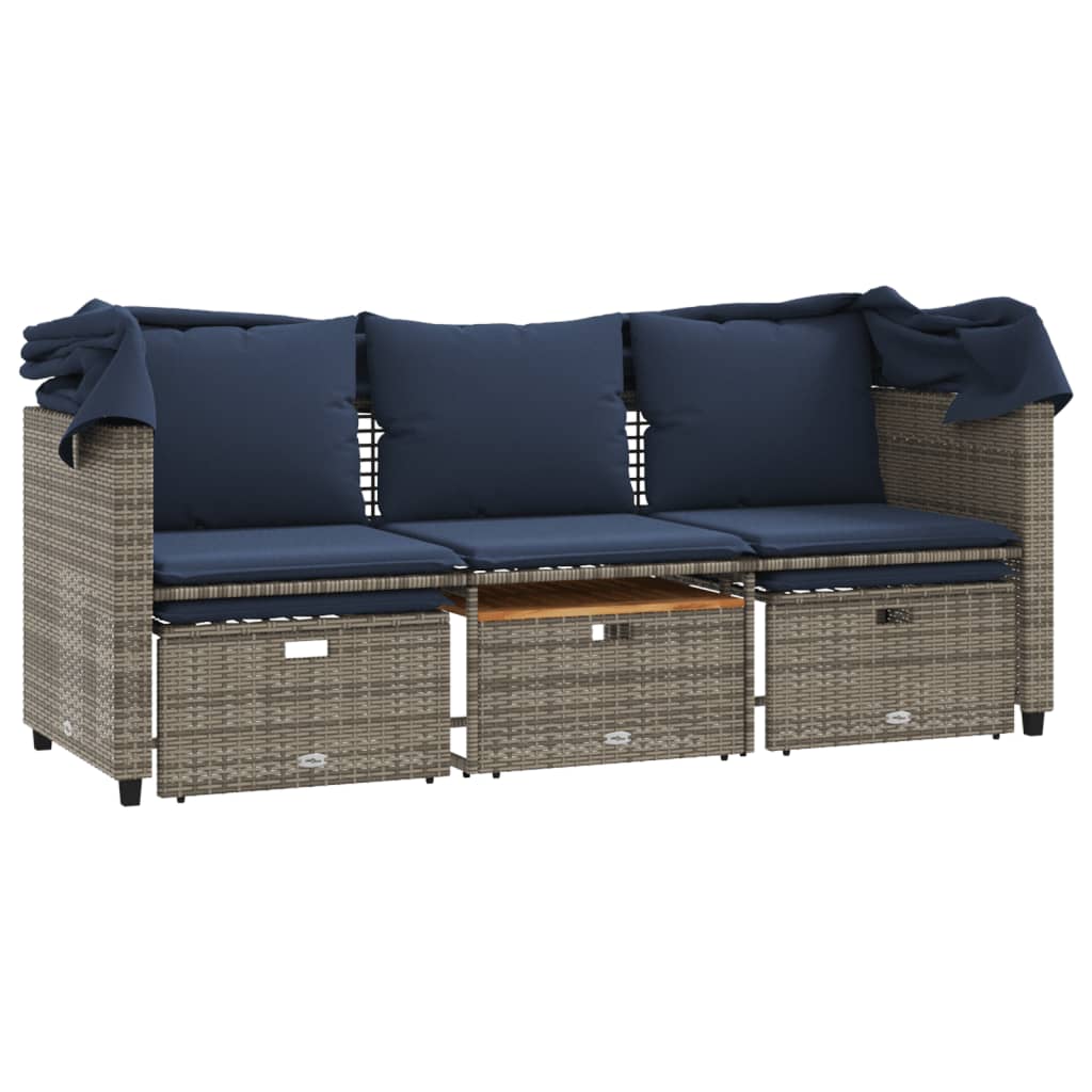 Divano da giardino a 3 posti con baldacchino e sgabelli in Polyrattan Grigio | homemem39