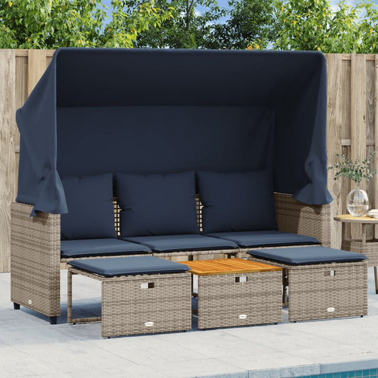 Divano da giardino a 3 posti con baldacchino e sgabelli in Polyrattan Grigio | homemem39