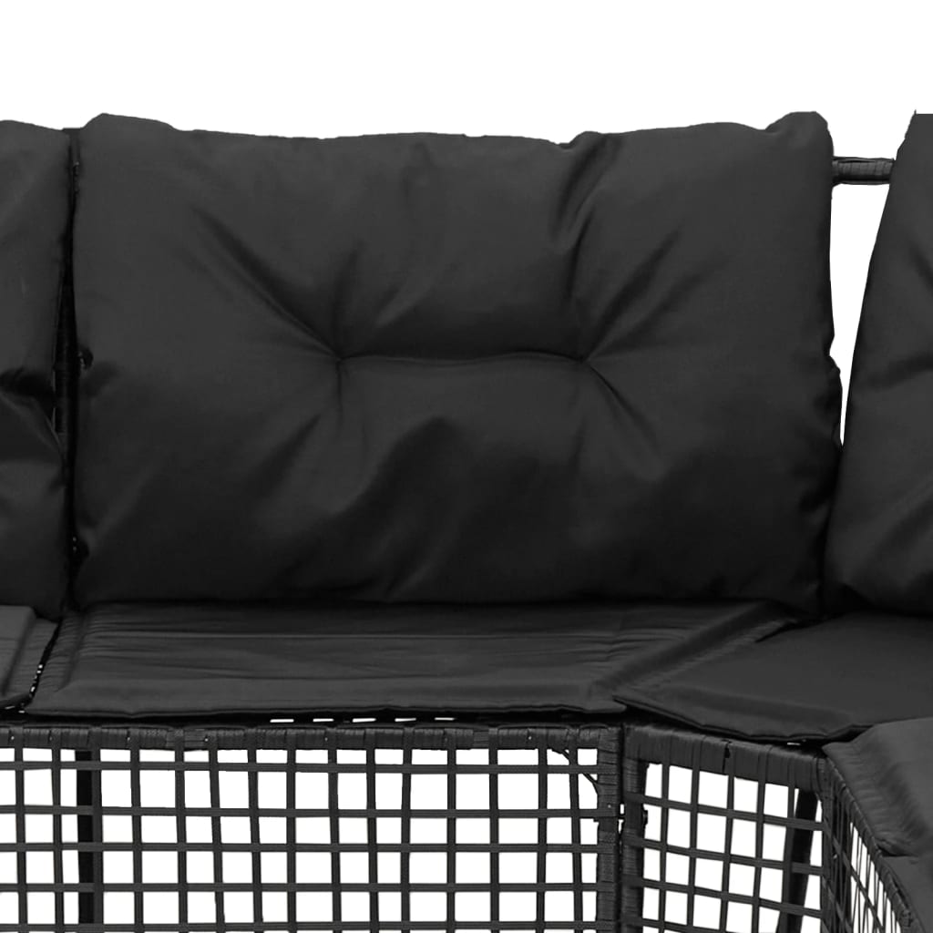 Divano da Giardino a L con Cuscini e Pouf Nero in Polyrattan
