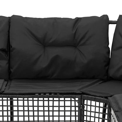 Divano da Giardino a L con Cuscini e Pouf Nero in Polyrattan