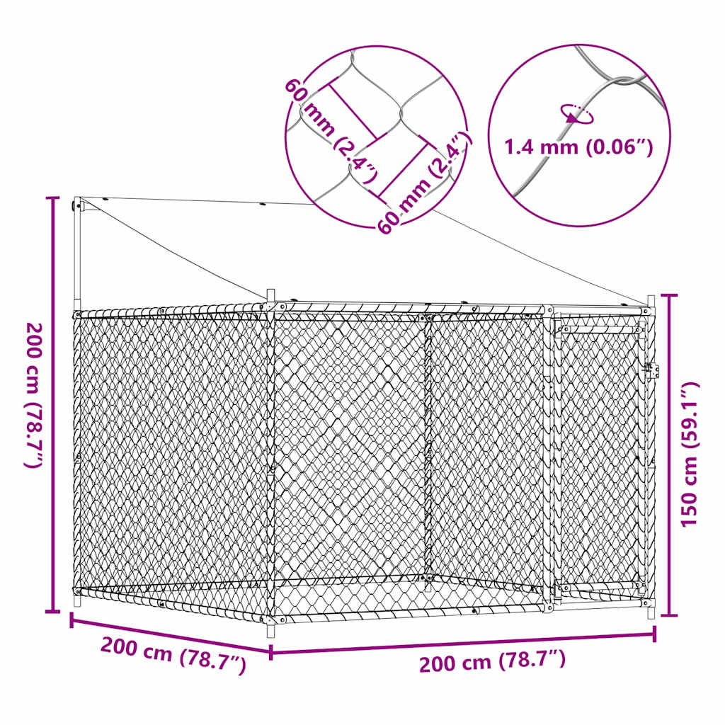 Gabbia Cani con Tetto e Porta Grigia 2x2x2 m in Acciaio Zincato | homemem39
