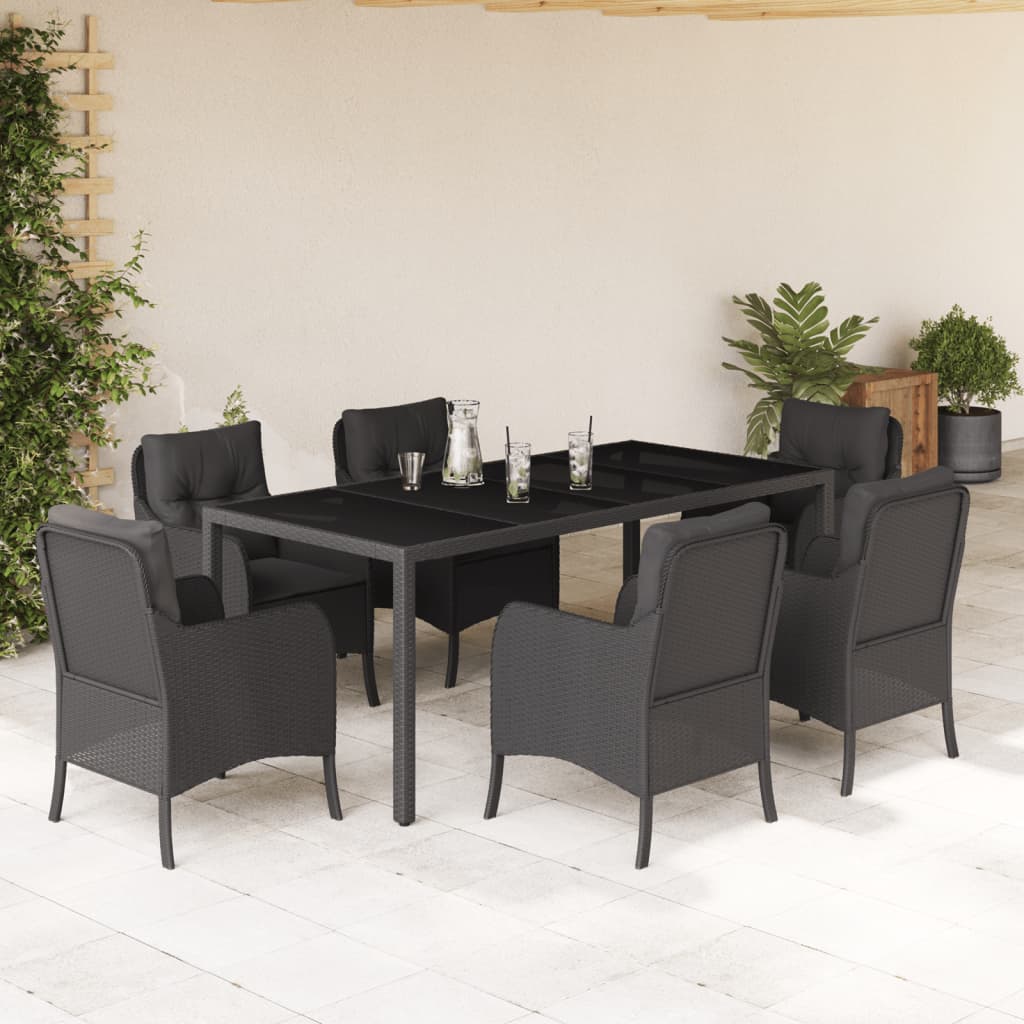 Set da Pranzo da Giardino 7 pz Nero con Cuscini in Polyrattan - homemem39