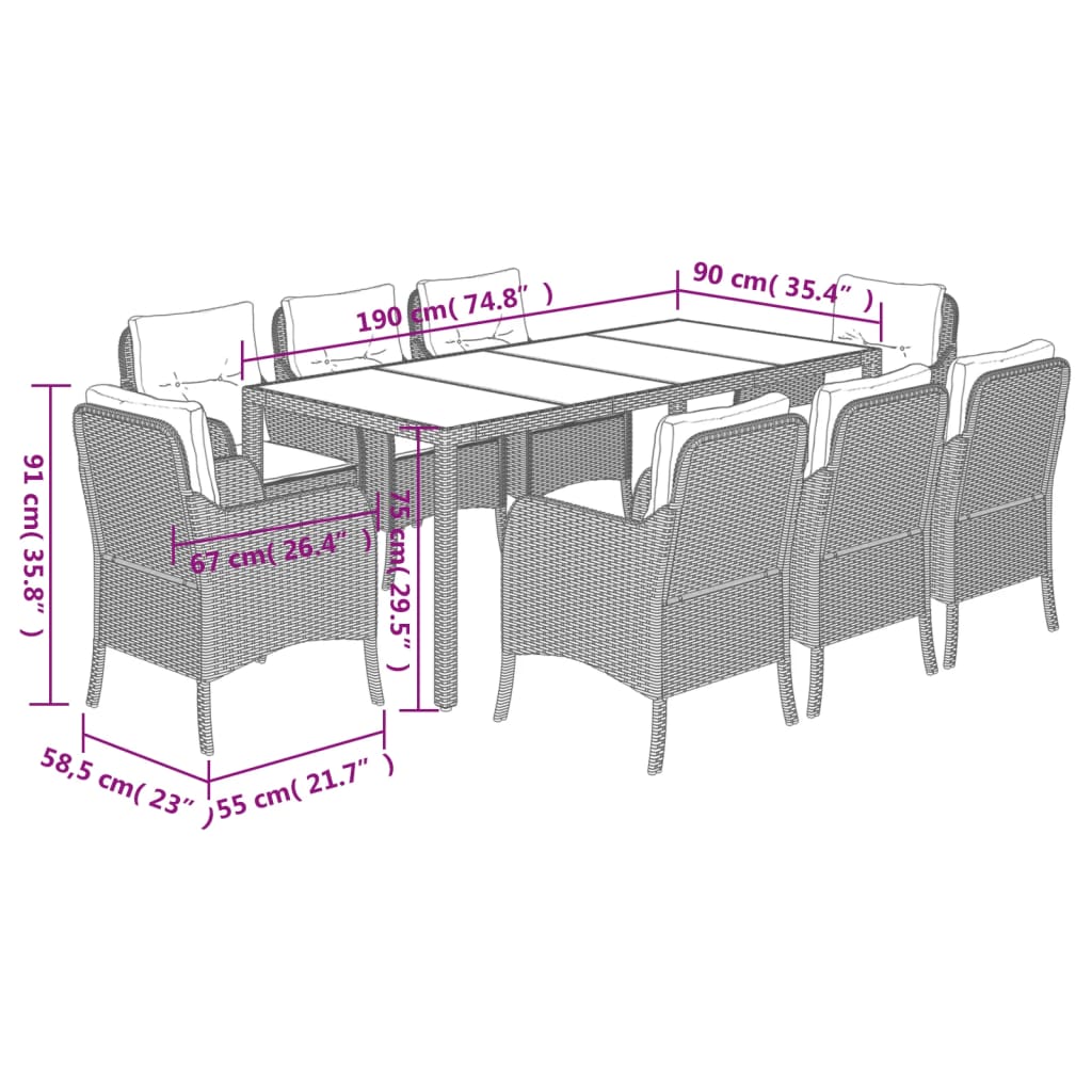 Set da Pranzo da Giardino 9 pz con Cuscini Nero in Polyrattan | homemem39