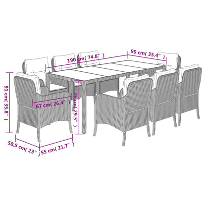 Set da Pranzo da Giardino 9 pz con Cuscini Nero in Polyrattan | homemem39