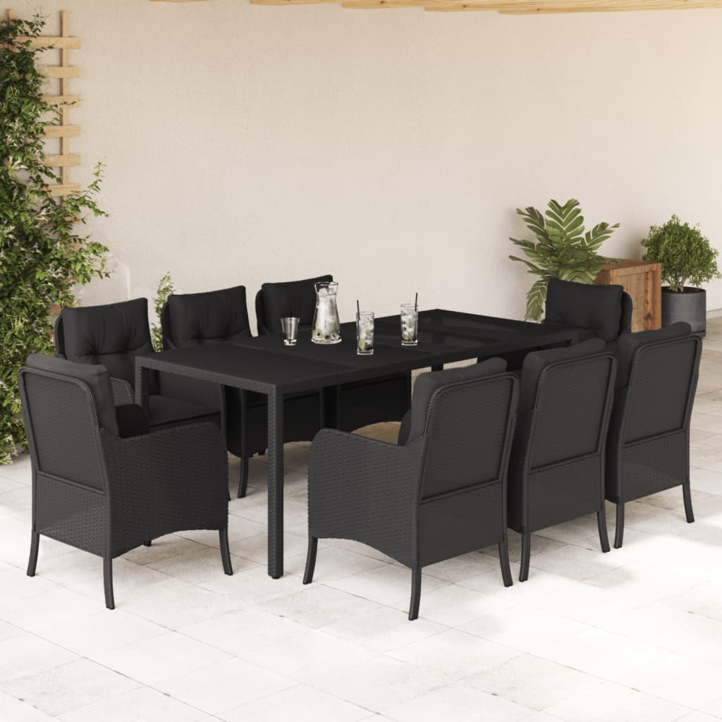 Set da Pranzo da Giardino 9 pz con Cuscini Nero in Polyrattan - homemem39