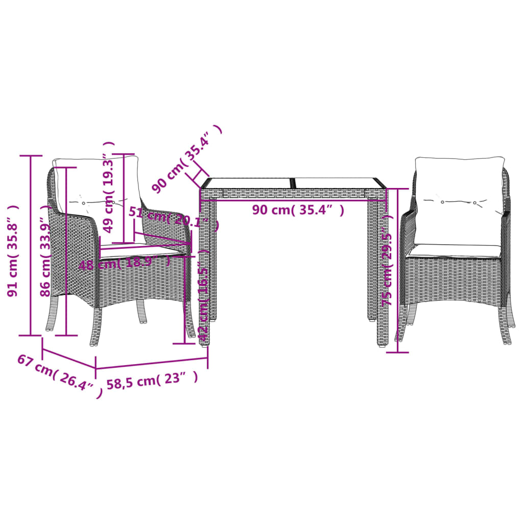 Set da Pranzo da Giardino 3 pz con Cuscini in Polyrattan Grigio - homemem39