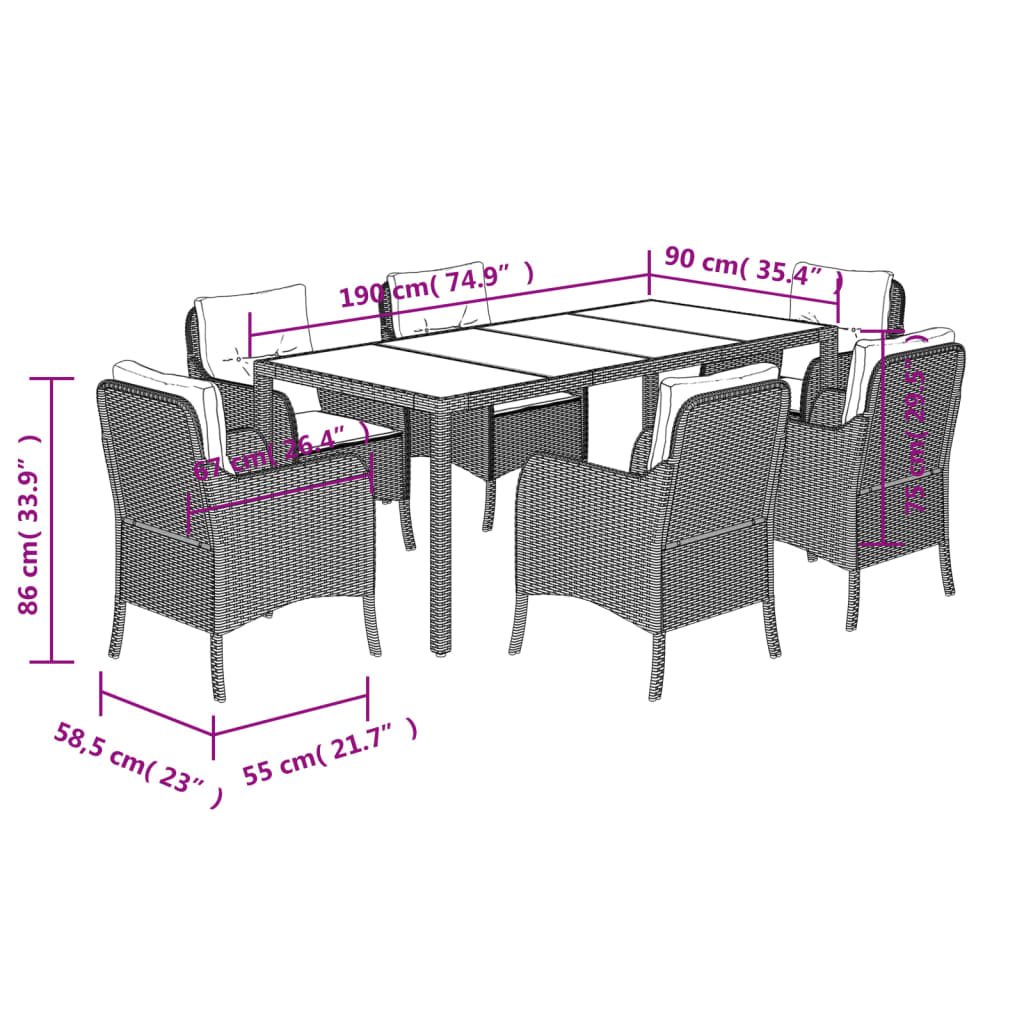 Set da Pranzo da Giardino 7 pz con Cuscini in Polyrattan Grigio | homemem39