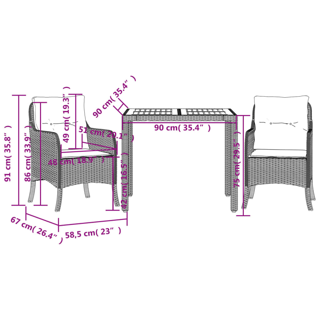 Set da Pranzo da Giardino 3 pz con Cuscini Nero in Polyrattan | homemem39