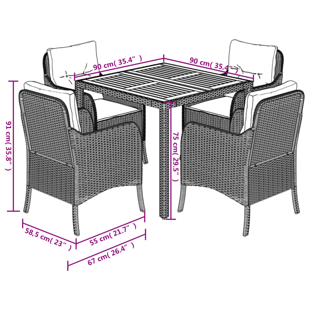 Set da Pranzo da Giardino 5 pz Nero con Cuscini in Polyrattan | homemem39