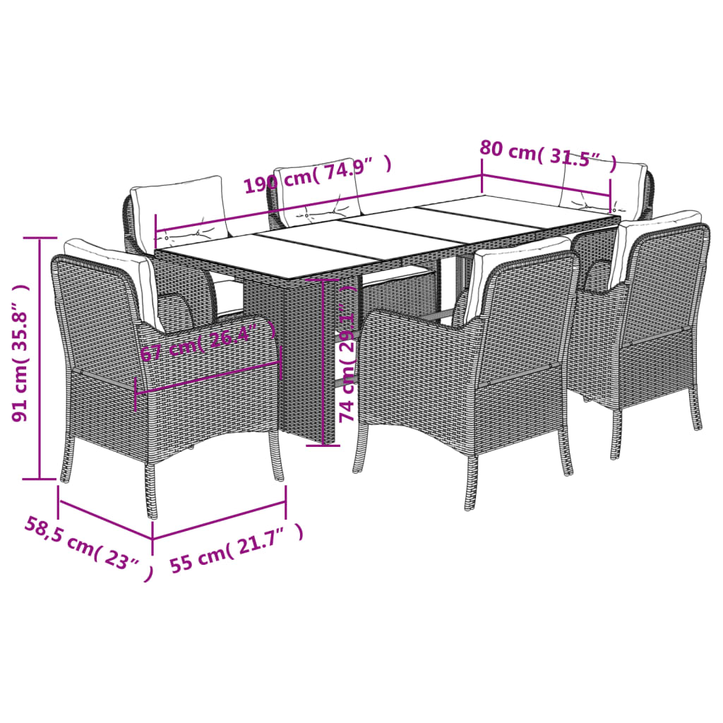 Set da Pranzo da Giardino 7 pz con Cuscini in Polyrattan Grigio | homemem39