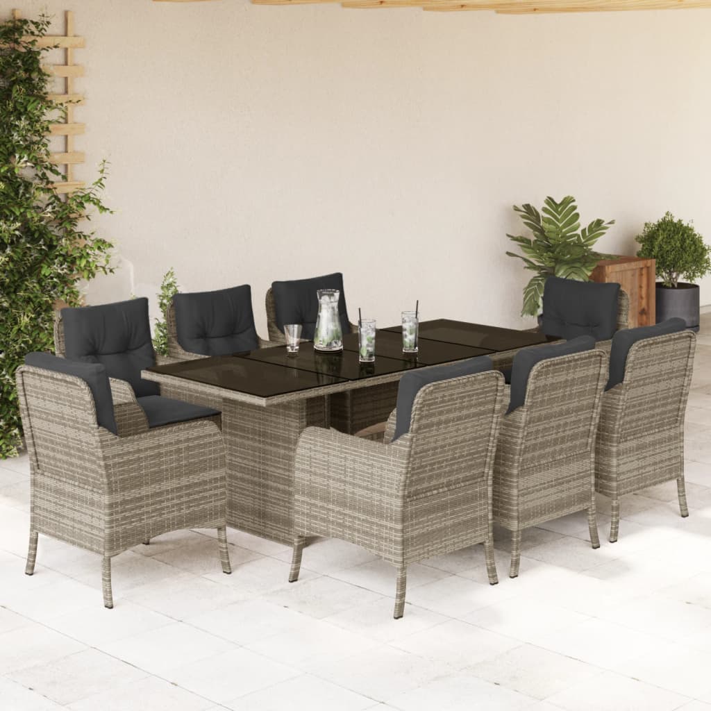 Set Pranzo da Giardino 9pz con Cuscini Grigio Chiaro Polyrattan | homemem39