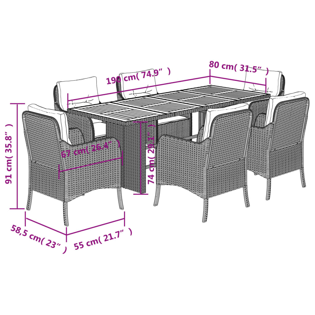 Set da Pranzo da Giardino 7 pz Nero con Cuscini in Polyrattan | homemem39