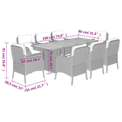Set da Pranzo da Giardino 9 pz con Cuscini Nero in Polyrattan | homemem39
