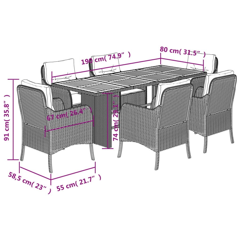 Set da Pranzo da Giardino 7 pz con Cuscini in Polyrattan Grigio | homemem39