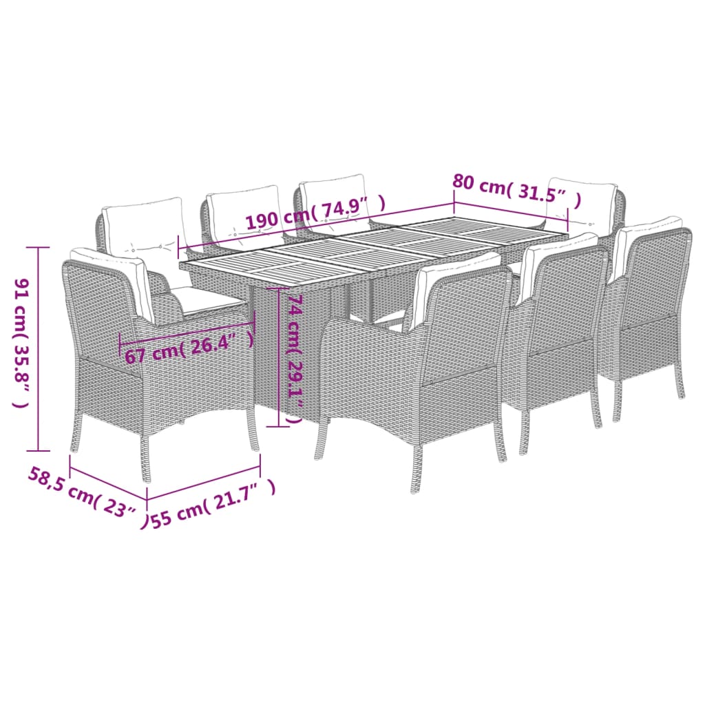 Set da Pranzo da Giardino 9 pz con Cuscini Beige in Polyrattan | homemem39