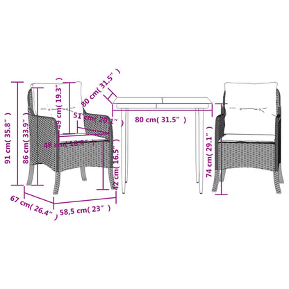 Set da Pranzo da Giardino 3 pz con Cuscini Nero in Polyrattan