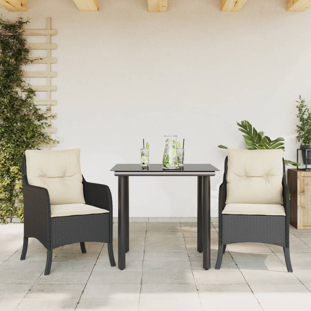 Set da Pranzo da Giardino 3 pz con Cuscini Nero in Polyrattan