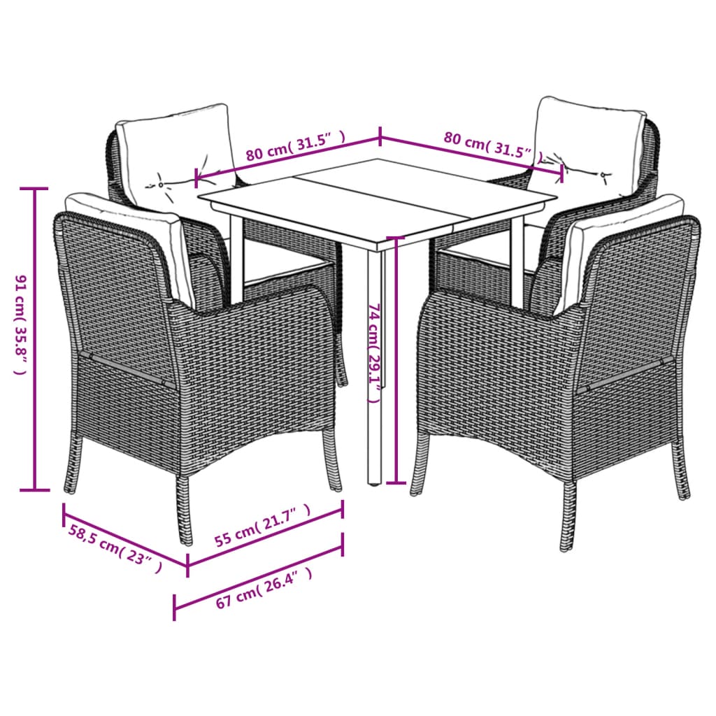 Set da Pranzo da Giardino 5 pz Nero con Cuscini in Polyrattan - homemem39