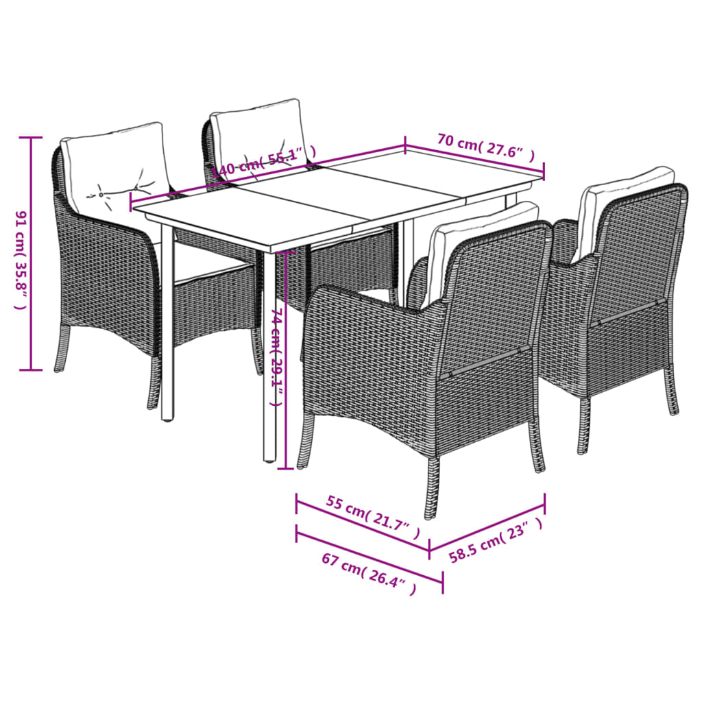 Set da Pranzo da Giardino 5 pz Nero con Cuscini in Polyrattan | homemem39