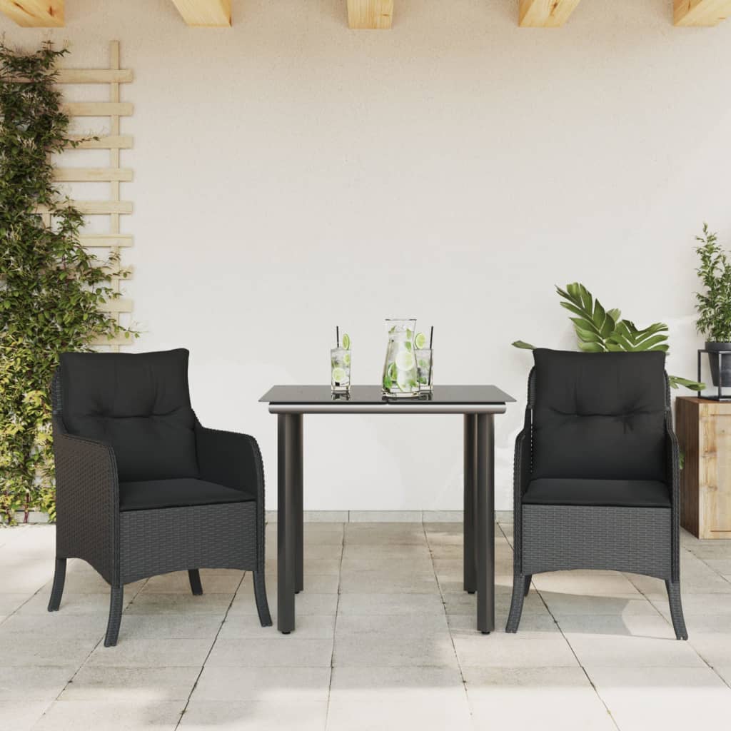 Set da Pranzo da Giardino 3 pz con Cuscini Nero in Polyrattan - homemem39