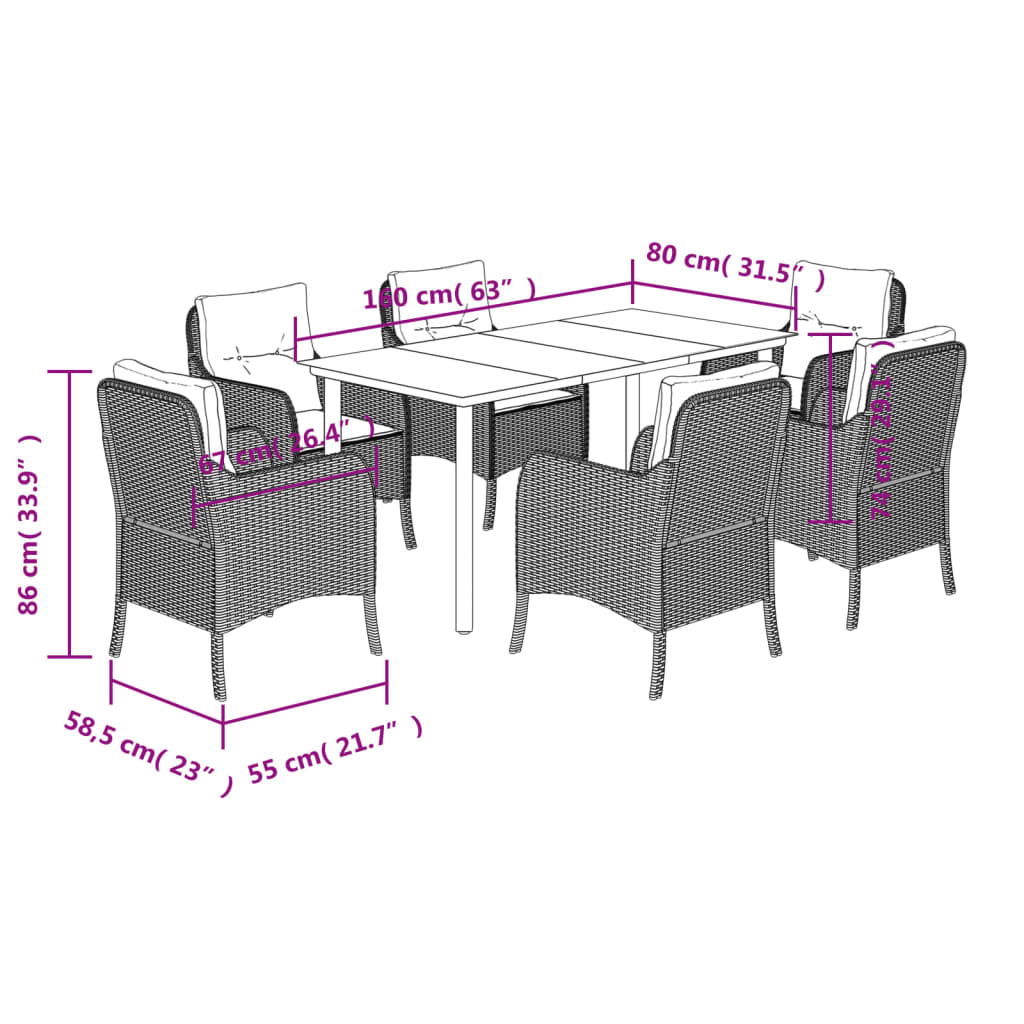 Set da Pranzo da Giardino 7 pz Nero con Cuscini in Polyrattan | homemem39