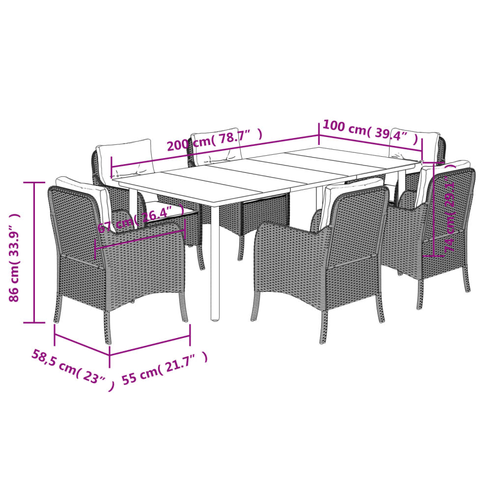 Set da Pranzo da Giardino 7 pz Nero con Cuscini in Polyrattan | homemem39