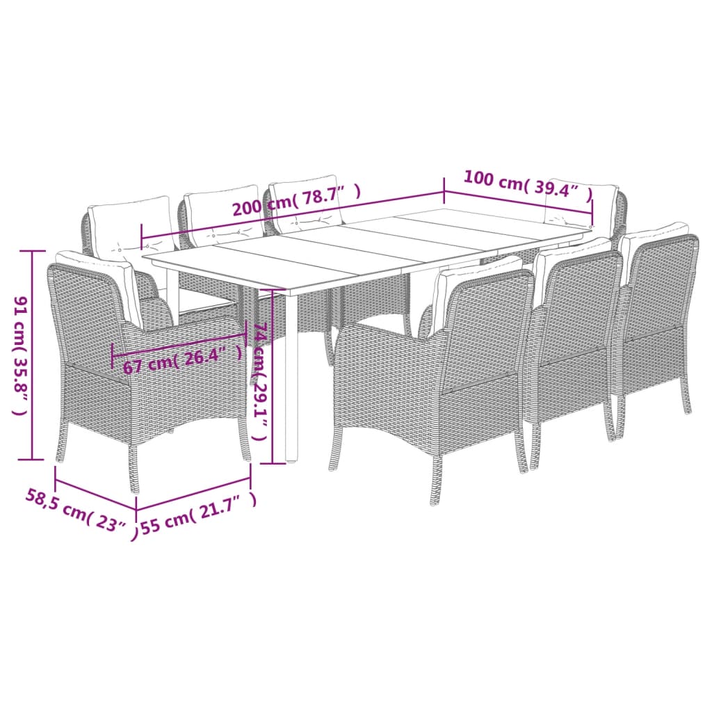 Set da Pranzo da Giardino 9 pz con Cuscini Nero in Polyrattan | homemem39