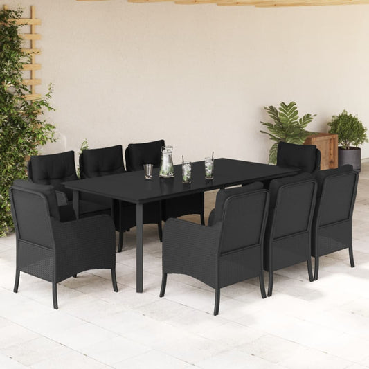 Set da Pranzo da Giardino 9 pz con Cuscini Nero in Polyrattan - homemem39