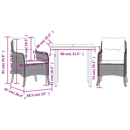 Set da Pranzo da Giardino 3pz con Cuscini in Polyrattan Marrone