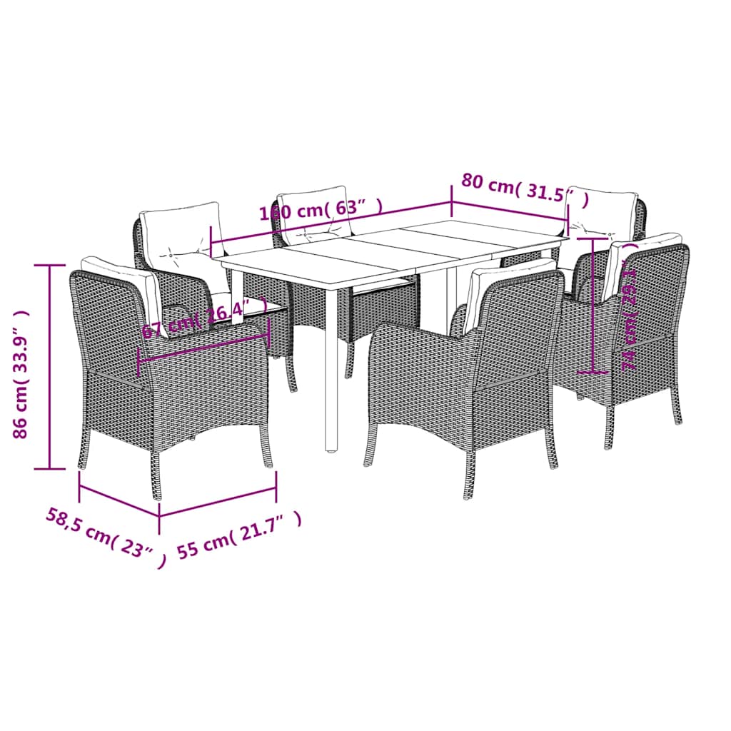 Set da Pranzo da Giardino 7pz con Cuscini in Polyrattan Marrone | homemem39