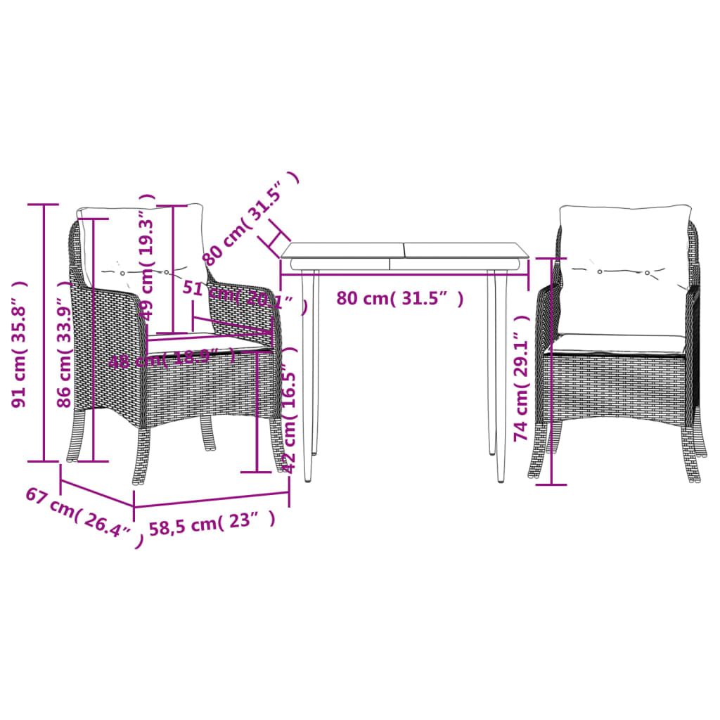 Set da Pranzo da Giardino 3 pz con Cuscini in Polyrattan Grigio