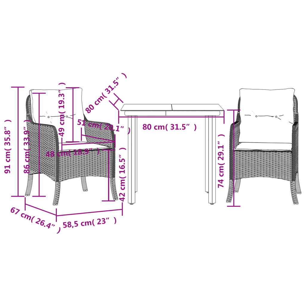 Set da Pranzo da Giardino 3 pz con Cuscini in Polyrattan Grigio