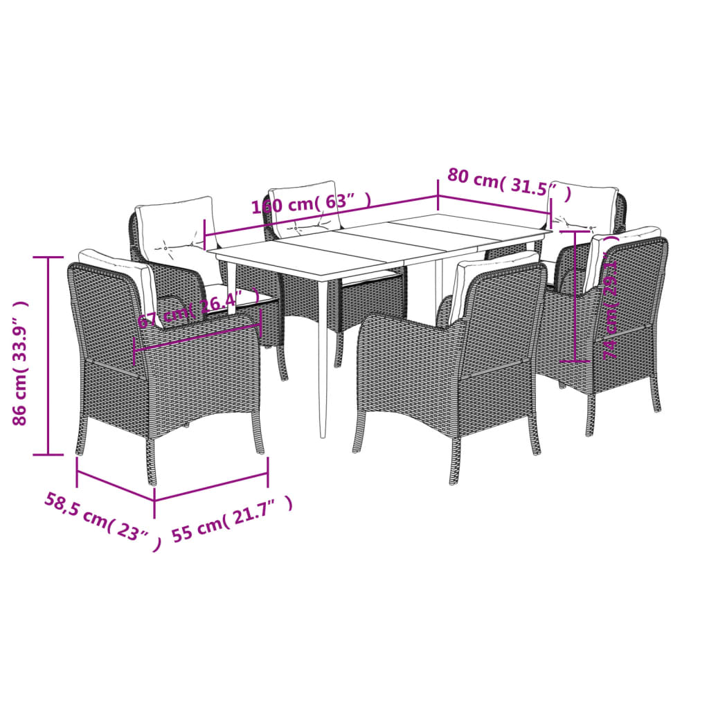 Set da Pranzo da Giardino 7 pz con Cuscini Beige in Polyrattan - homemem39