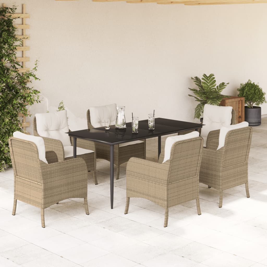 Set da Pranzo da Giardino 7 pz con Cuscini Beige in Polyrattan - homemem39
