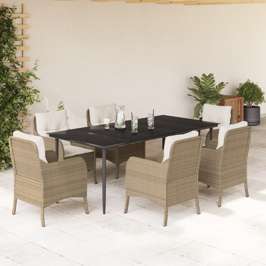 Set da Pranzo da Giardino 7 pz con Cuscini Beige in Polyrattan - homemem39