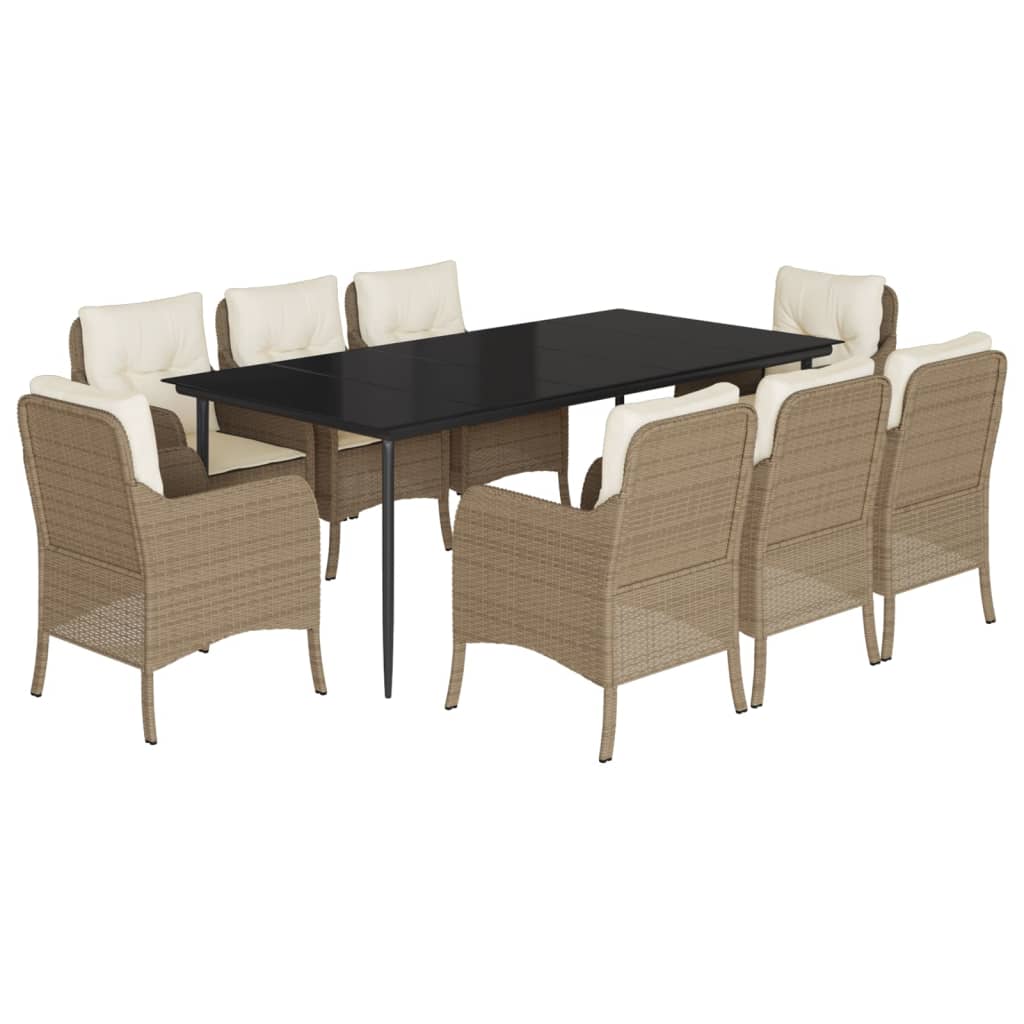 Set da Pranzo da Giardino 9 pz con Cuscini Beige in Polyrattan - homemem39