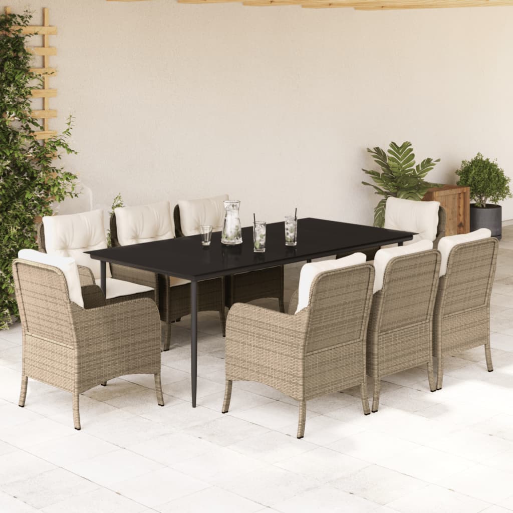 Set da Pranzo da Giardino 9 pz con Cuscini Beige in Polyrattan - homemem39