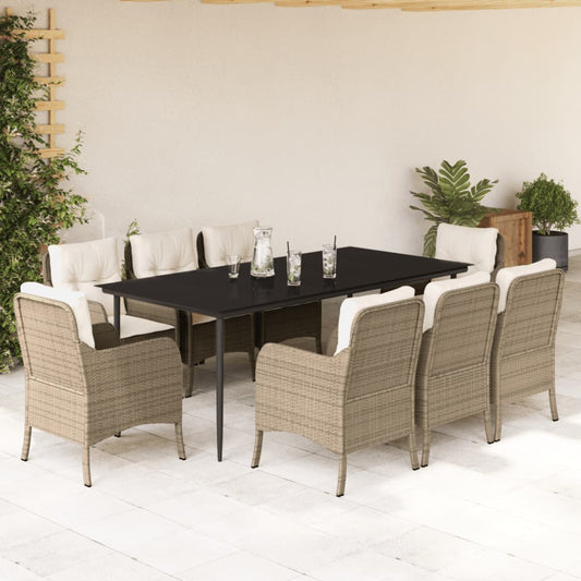 Set da Pranzo da Giardino 9 pz con Cuscini Beige in Polyrattan - homemem39