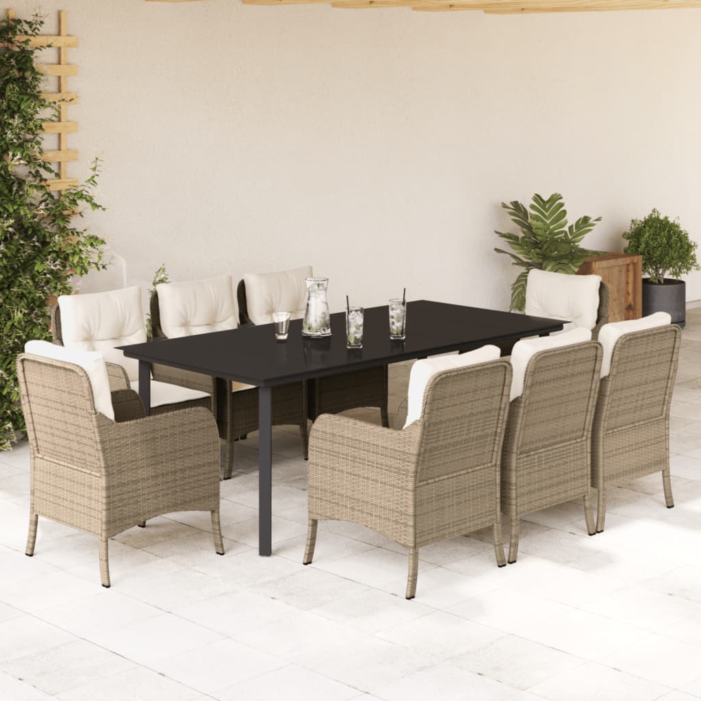 Set da Pranzo da Giardino 9 pz con Cuscini Beige in Polyrattan - homemem39
