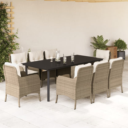 Set da Pranzo da Giardino 9 pz con Cuscini Beige in Polyrattan - homemem39