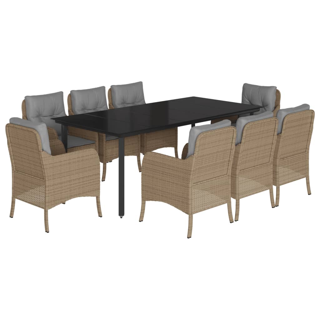 Set da Pranzo da Giardino 9 pz con Cuscini Beige in Polyrattan - homemem39