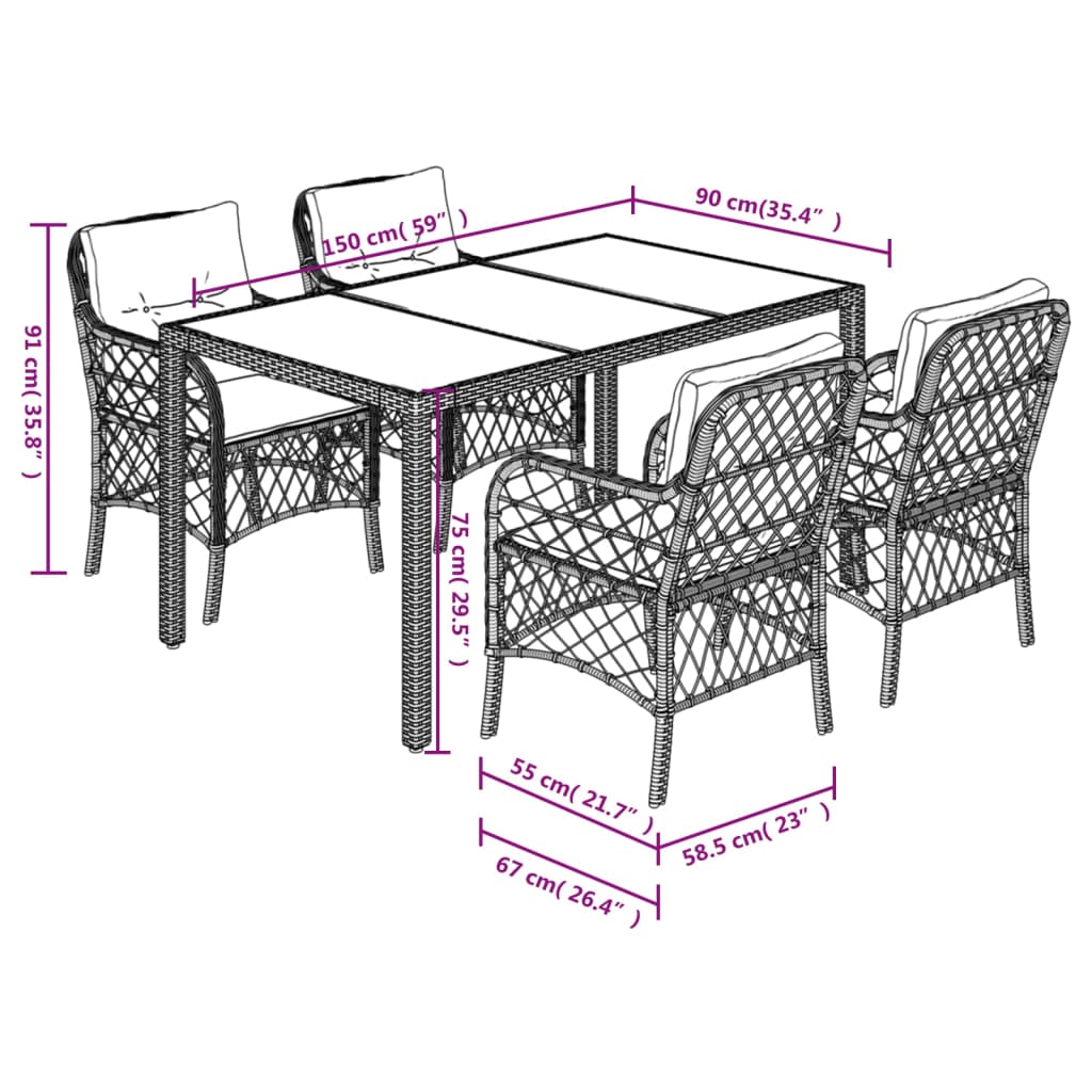 Set da Pranzo da Giardino 5 pz Nero con Cuscini in Polyrattan - homemem39